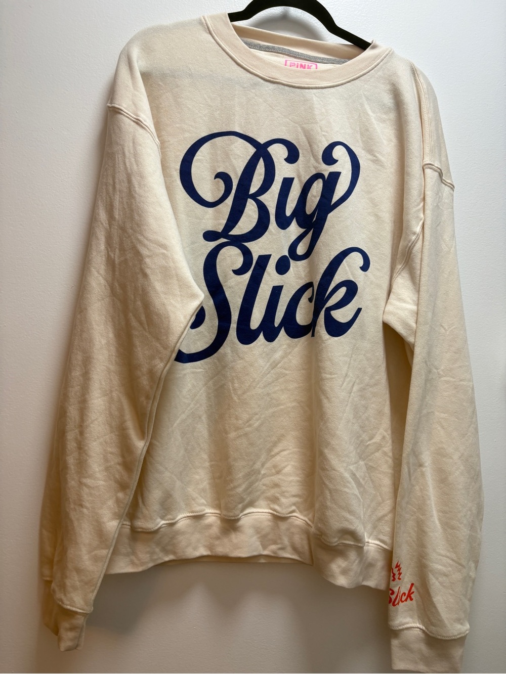 Cream Crewneck Sweater with Navy 'Big Slick' Graphic